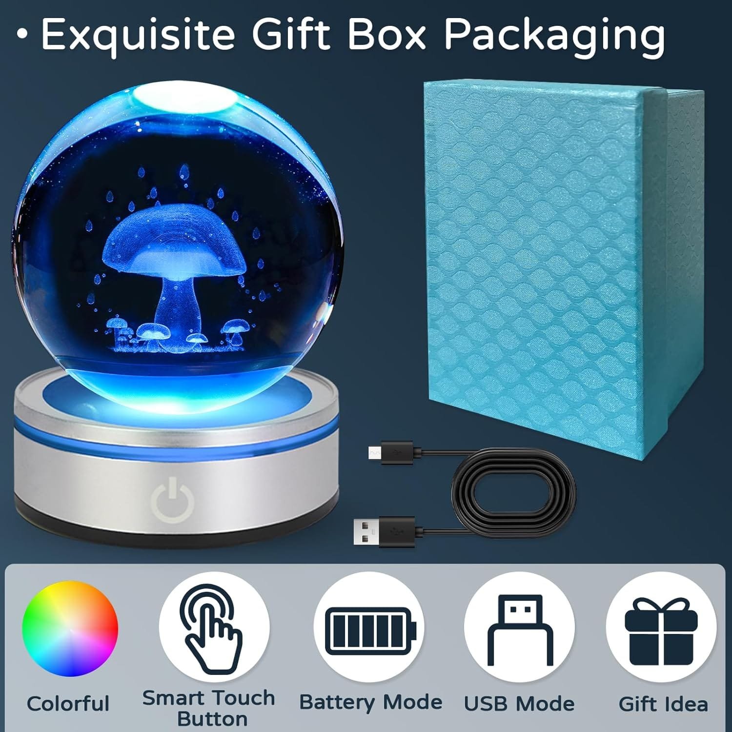 Crystal ball with glowing mushroom design on a base, USB charging cable, and blue gift box. Text highlights features: colorful, smart touch, battery and USB modes, gift idea.