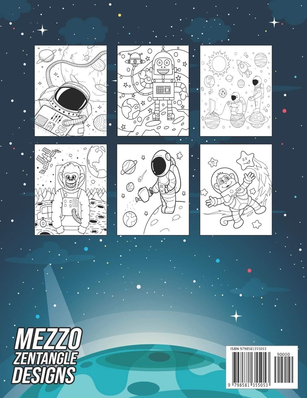 Coloring book cover featuring six space-themed illustrations with astronauts, robots, planets, and stars. Background shows a starry sky and the Earth. Title: "Mezzo Zentangle Designs.