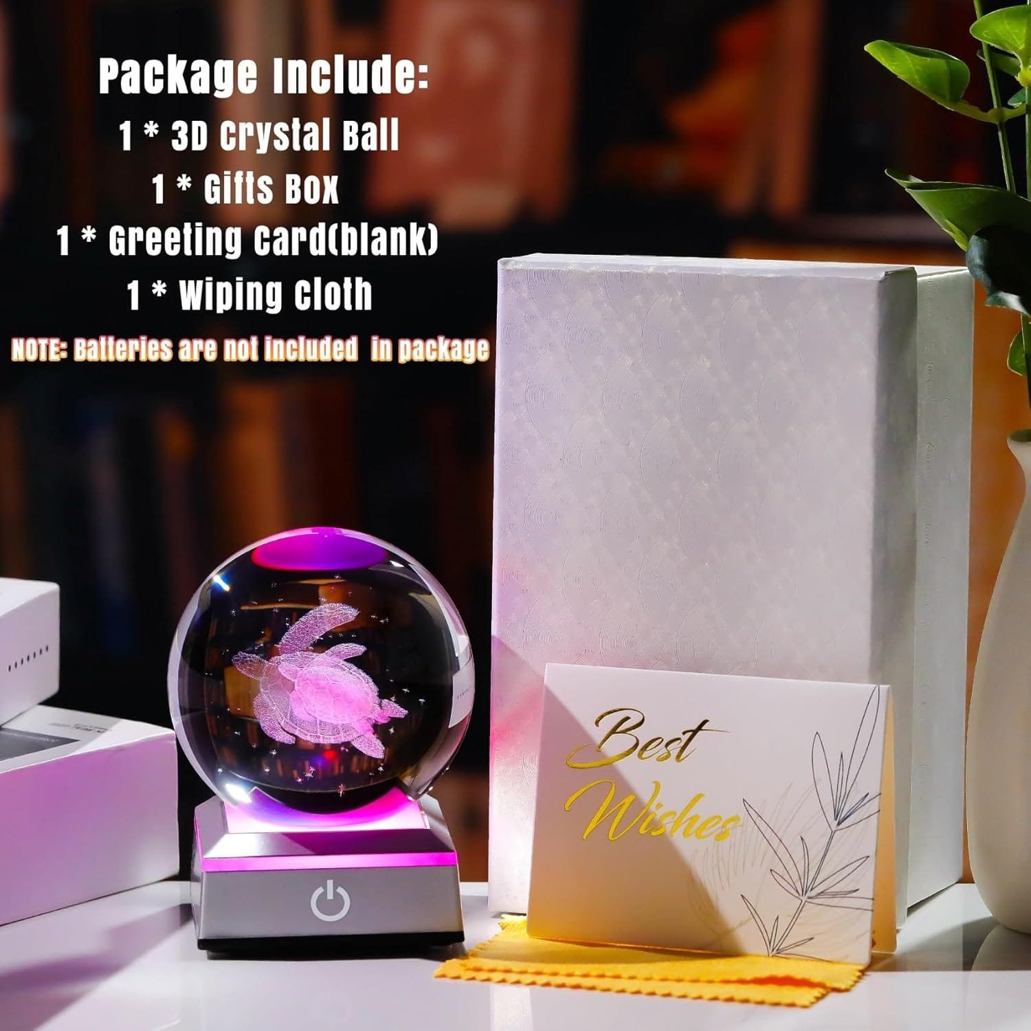 3D crystal ball with a flower design on a lit base, a "Best Wishes" card, and white gift box. Note: Batteries not included.