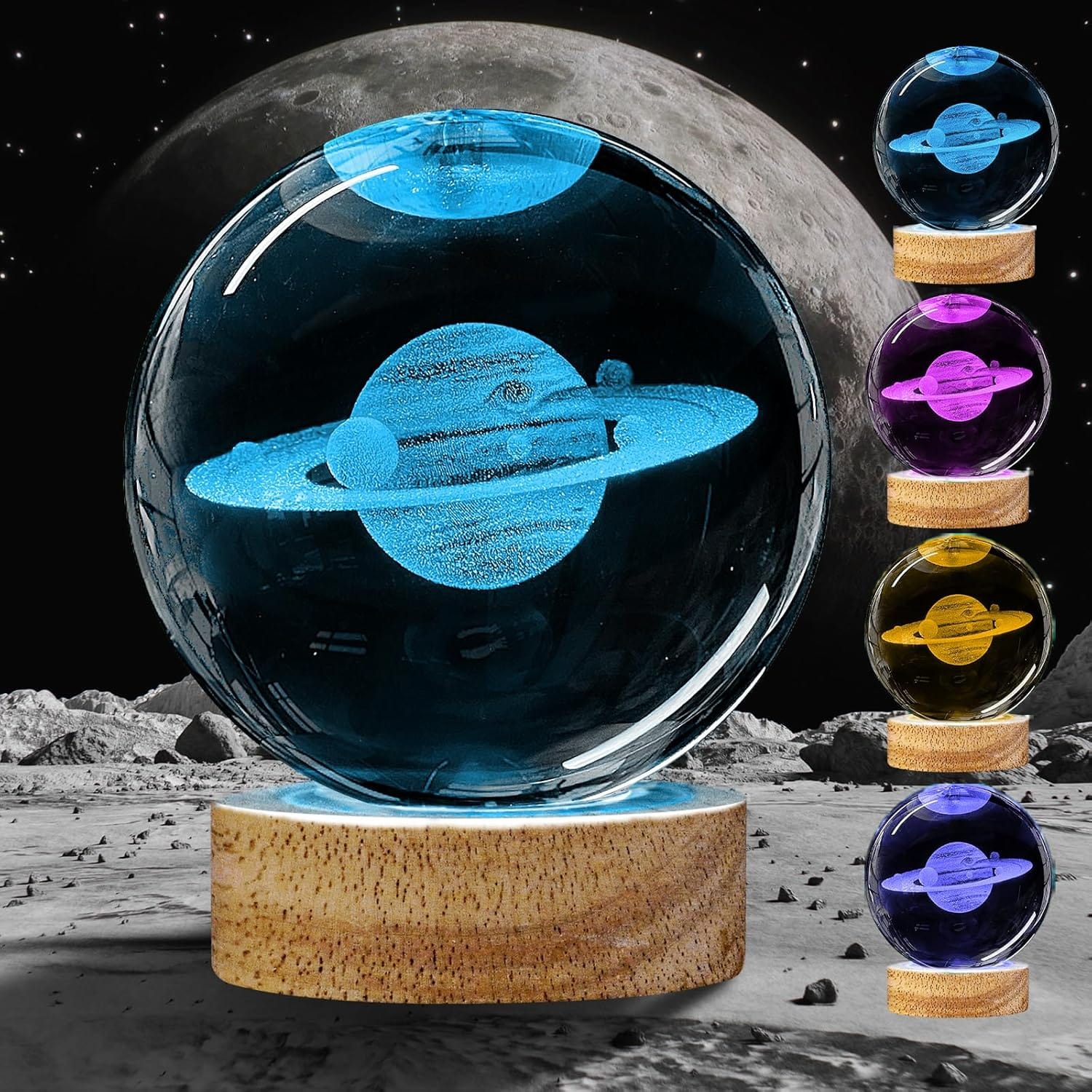 Crystal ball with planet design inside, displayed on the moon's surface. Multiple colors shown: blue, yellow, pink, and purple, each on a wooden base. Moon and starry sky background.