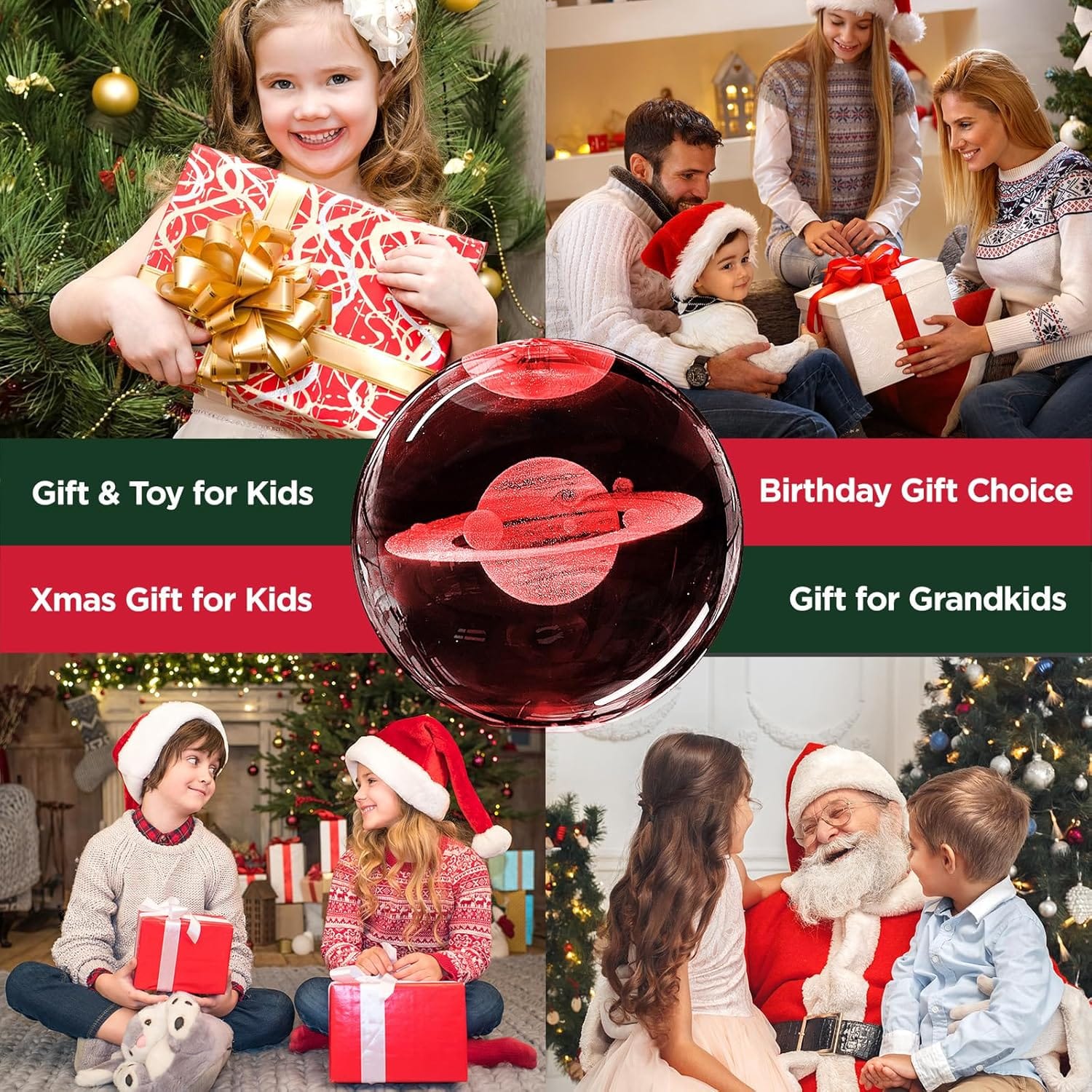 Collage of children opening gifts with labels: "Gift & Toy for Kids," "Christmas Gift for Kids," "Birthday Gift Choice," "Gift for Grandkids," alongside a red glass ornament.