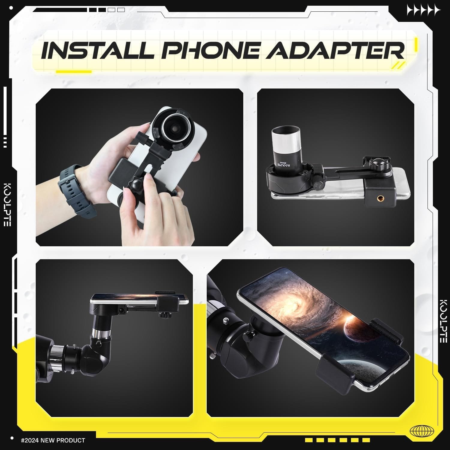 Collage showing a phone adapter installation process in four steps with images of hands, a telescope, and a phone displaying a galaxy image.