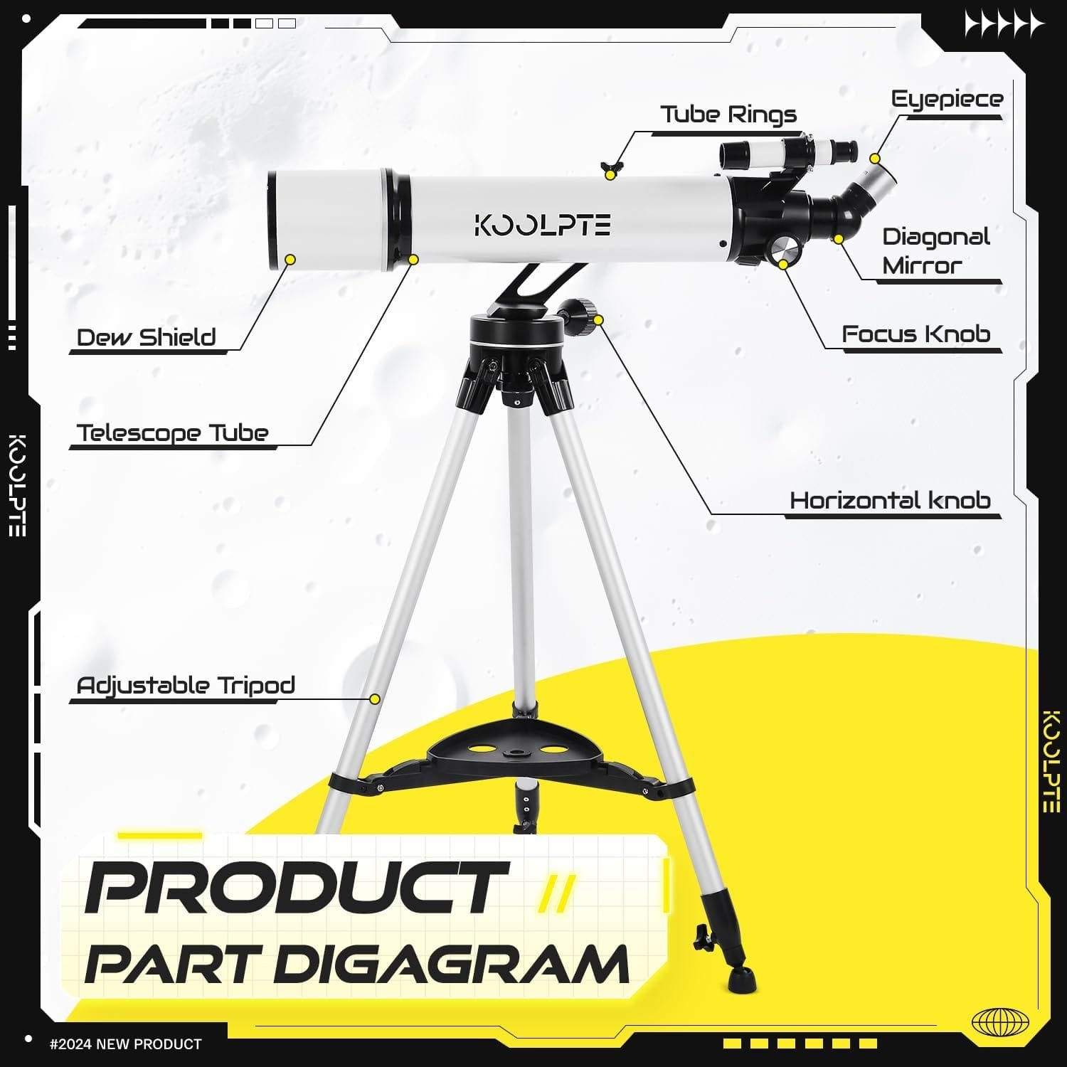 Diagram of a telescope labeled with components: eyepiece, diagonal mirror, focus knob, tube rings, dew shield, telescope tube, horizontal knob, and adjustable tripod.