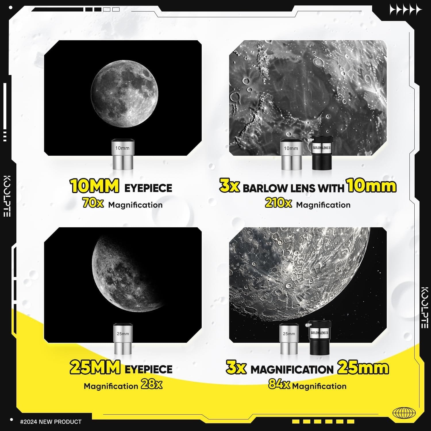 Image showing comparisons of telescope eyepieces: 10mm (70x magnification), 10mm with 3x Barlow lens (210x), 25mm (28x), and 25mm with 3x Barlow lens (84x). Views of the moon displayed.