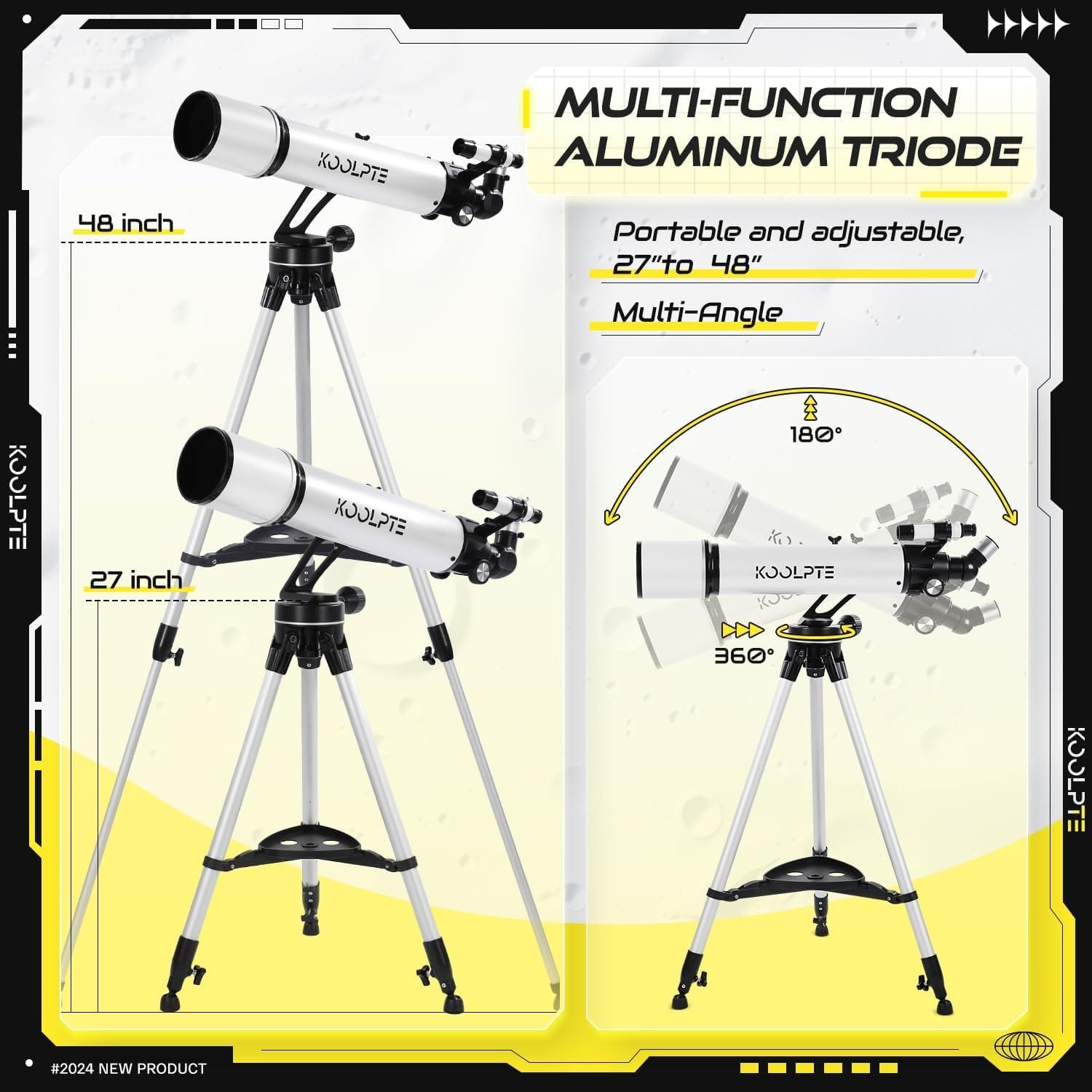 Diagram of a multi-function aluminum telescope tripod, labeled as 27 to 48 inches adjustable, with a 180-degree rotation feature.