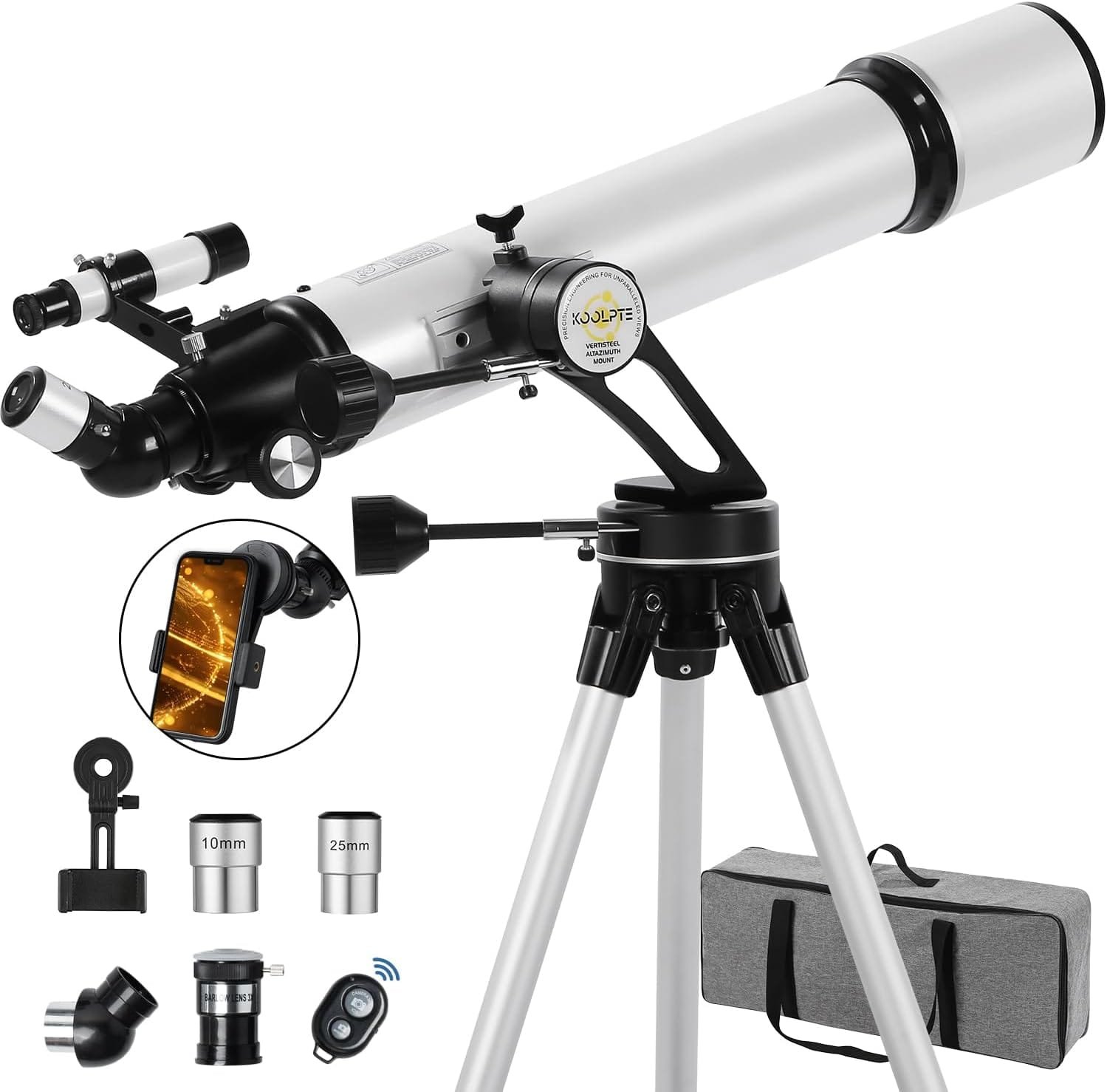 White and black telescope on a tripod with eyepieces, a phone adapter, a carrying case, and a remote control. An image of a planet on a smartphone screen is shown.