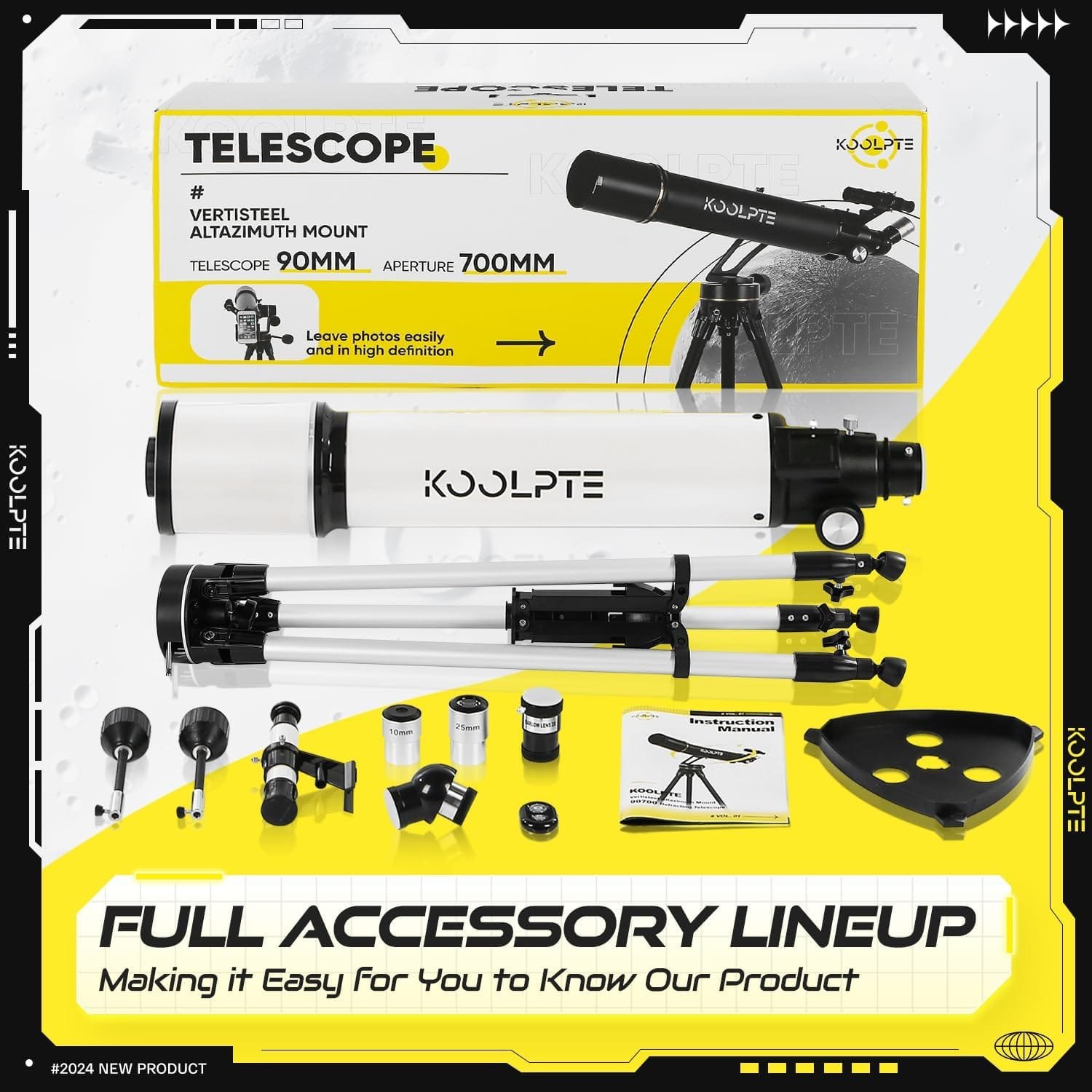 A telescope set with accessories including lenses, tripod, and mount is displayed on a white background. The package features the brand "KOOLPTE" and notes the telescope's 700mm aperture.