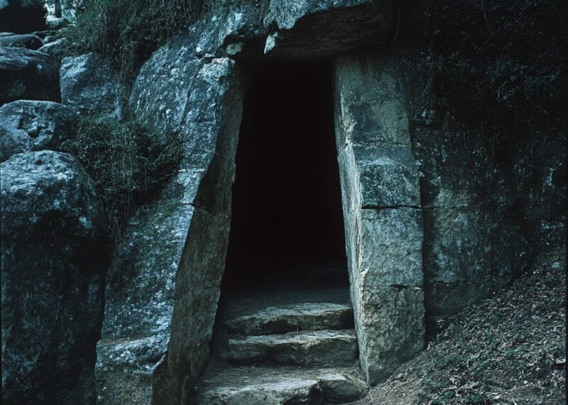 The entrance to an ancient stone tomb, reminiscent of other age-old burial sites, features steps leading inside and is surrounded by rocks and lush overgrown vegetation.