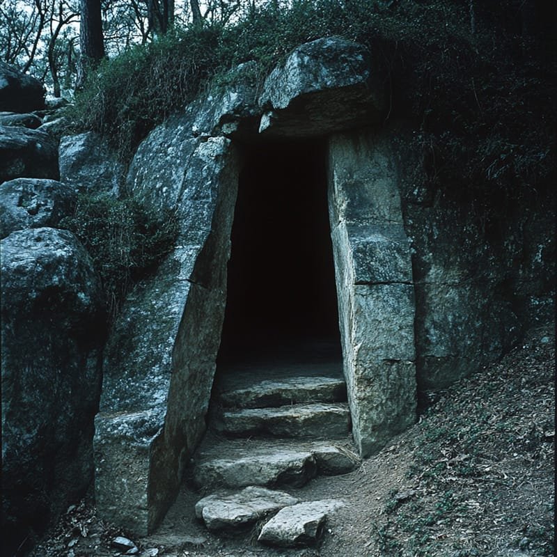 The entrance to an ancient stone tomb, reminiscent of other age-old burial sites, features steps leading inside and is surrounded by rocks and lush overgrown vegetation.