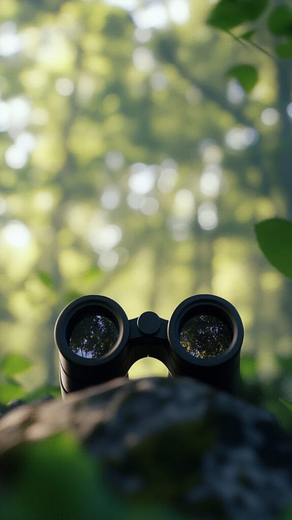 Binoculars rest on a rock in a sunlit forest, surrounded by green leaves and blurred trees in the background.