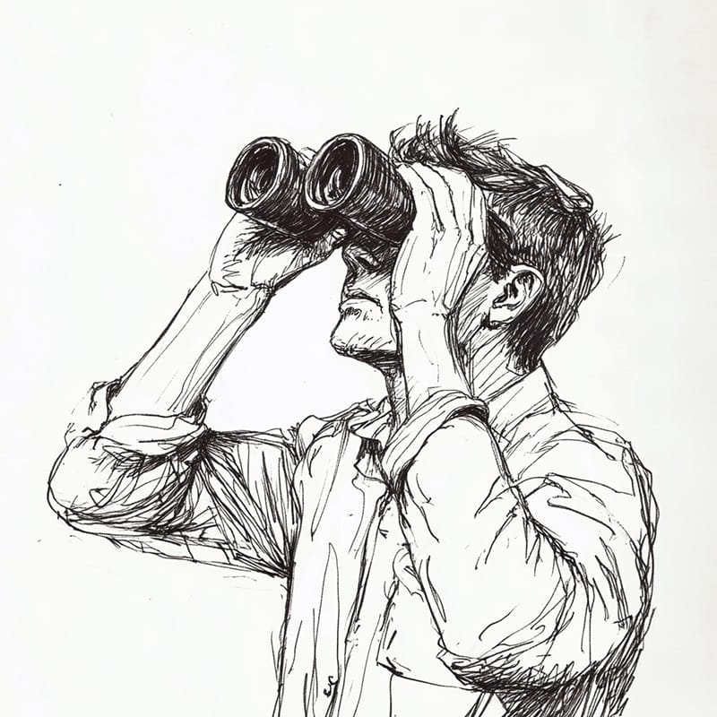 Illustration of a man looking up through binoculars, wearing a button-up shirt.