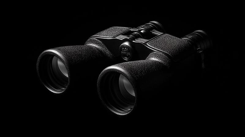 A pair of black binoculars on a dark background, illuminated to highlight their textured surface and lenses.