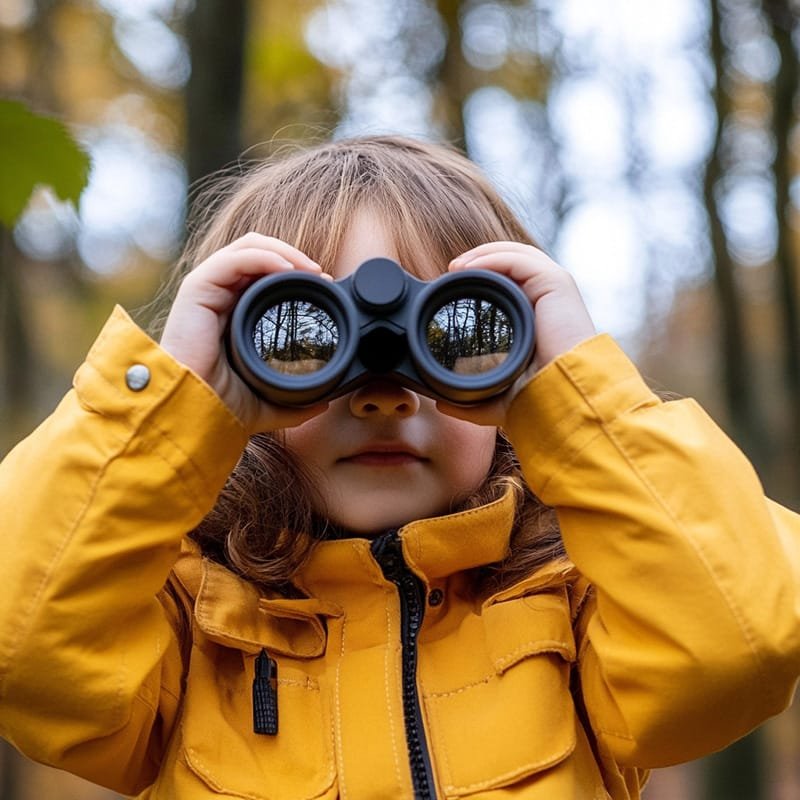 Child in a yellow jacket looks through binoculars in a forest setting.