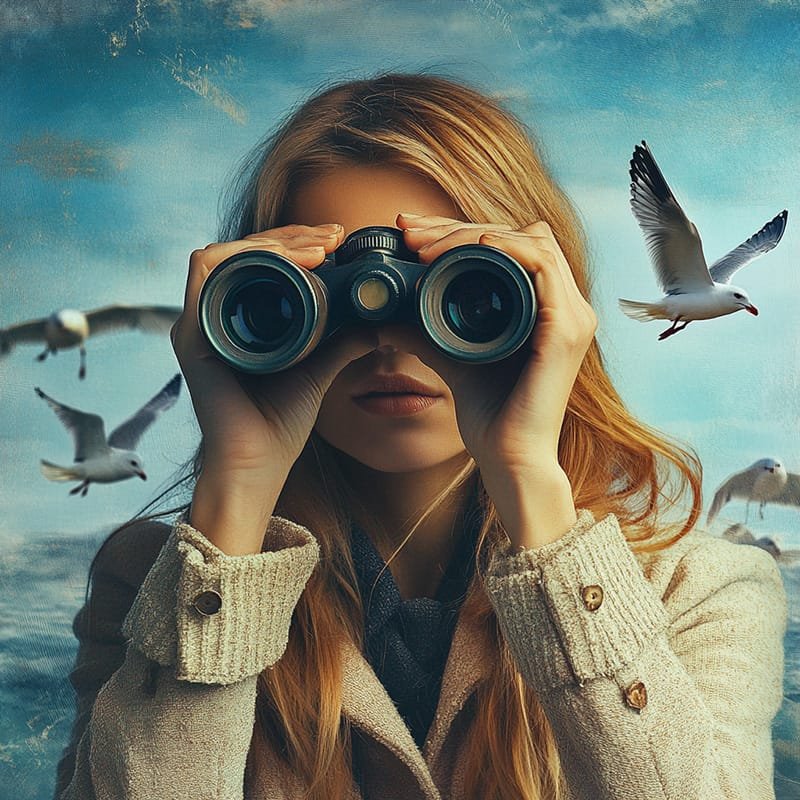 A person looking through binoculars against a cloudy sky, surrounded by flying seagulls.