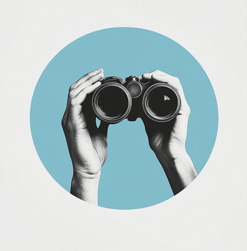 Hands holding binoculars against a blue circle background.