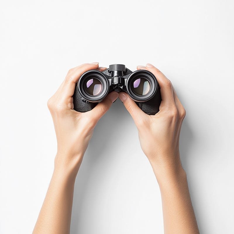 Two hands holding black binoculars against a white background.