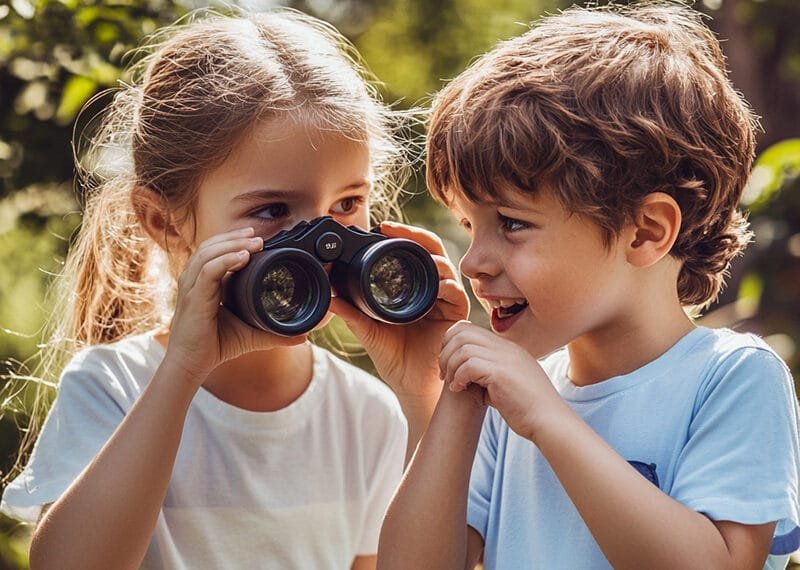Two children with light brown hair stand outdoors. One child looks through binoculars, while the other watches. They are surrounded by greenery and wearing light-colored shirts.