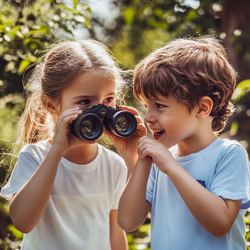 Two children with light brown hair stand outdoors. One child looks through binoculars, while the other watches. They are surrounded by greenery and wearing light-colored shirts.