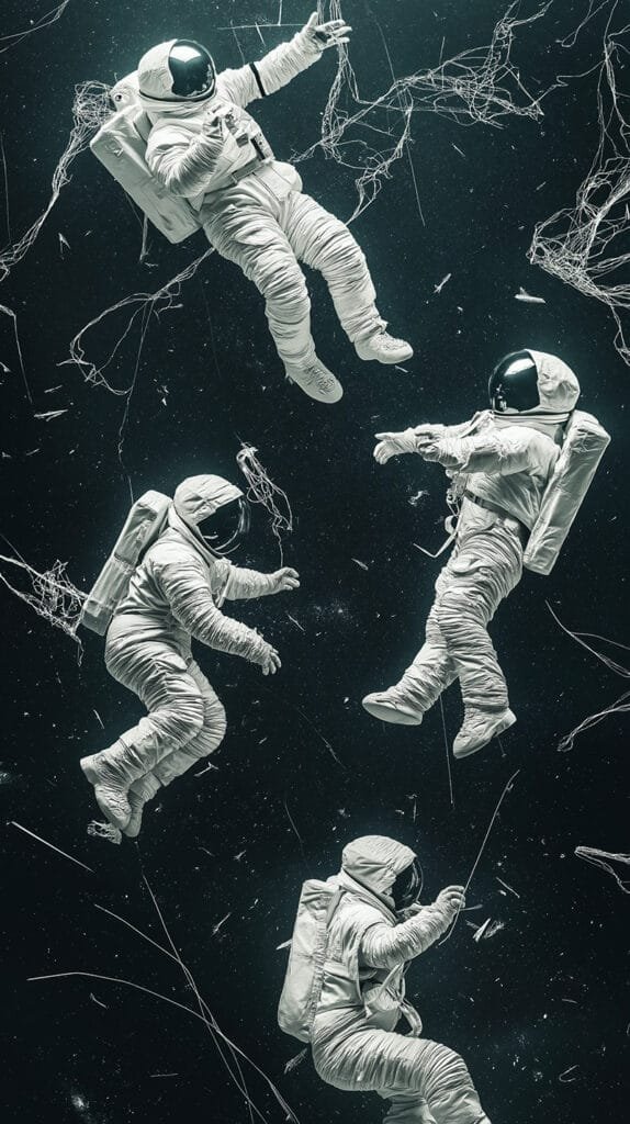 Four astronauts in white suits gracefully float amidst shimmering strands, set against a breathtaking starry backdrop.