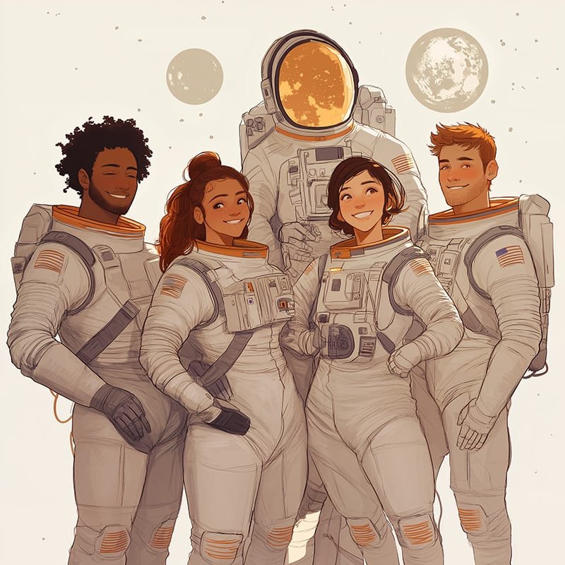 Five astronauts, suited up in their signature gear, pose together with planets majestically arrayed in the background.