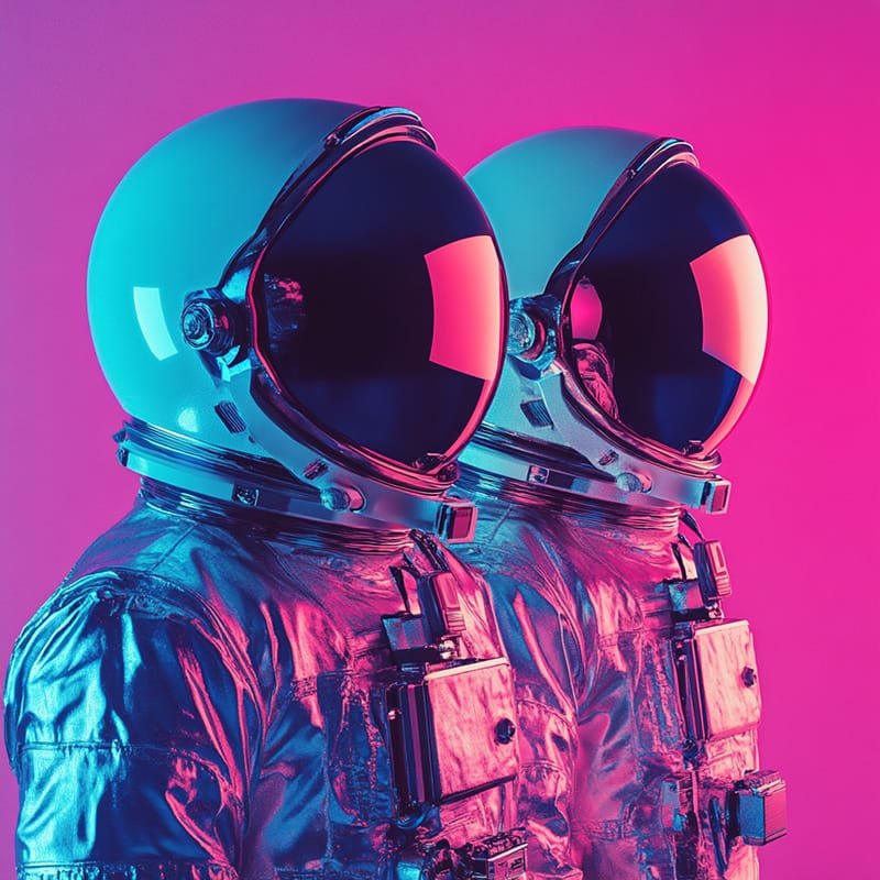 Two valiant astronauts in reflective suits and helmets stand side by side against a mesmerizing pink and purple backdrop, capturing the essence of space exploration.