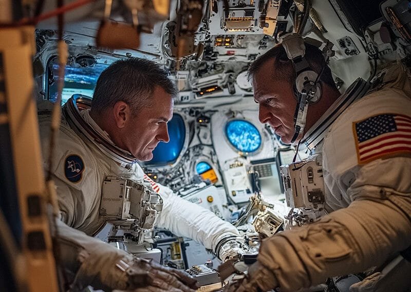 Two intrepid astronauts, clad in their space suits, diligently navigate a spacecraft cockpit filled with an array of control panels and screens.