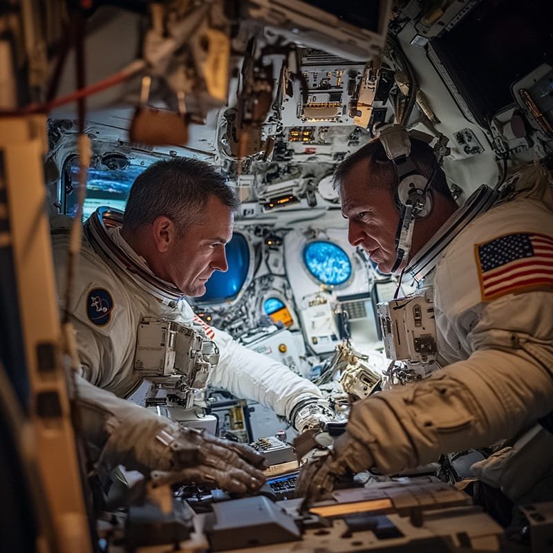 Two intrepid astronauts, clad in their space suits, diligently navigate a spacecraft cockpit filled with an array of control panels and screens.