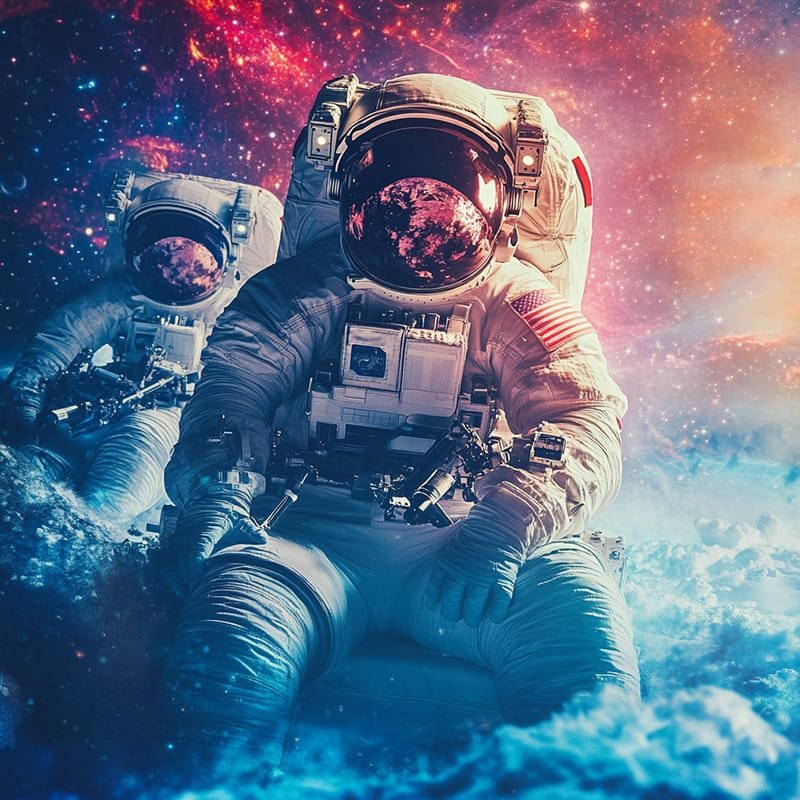 Two astronauts gracefully drift in their space suits against a colorful cosmic backdrop, merging with the mesmerizing dance of stars and galaxies.