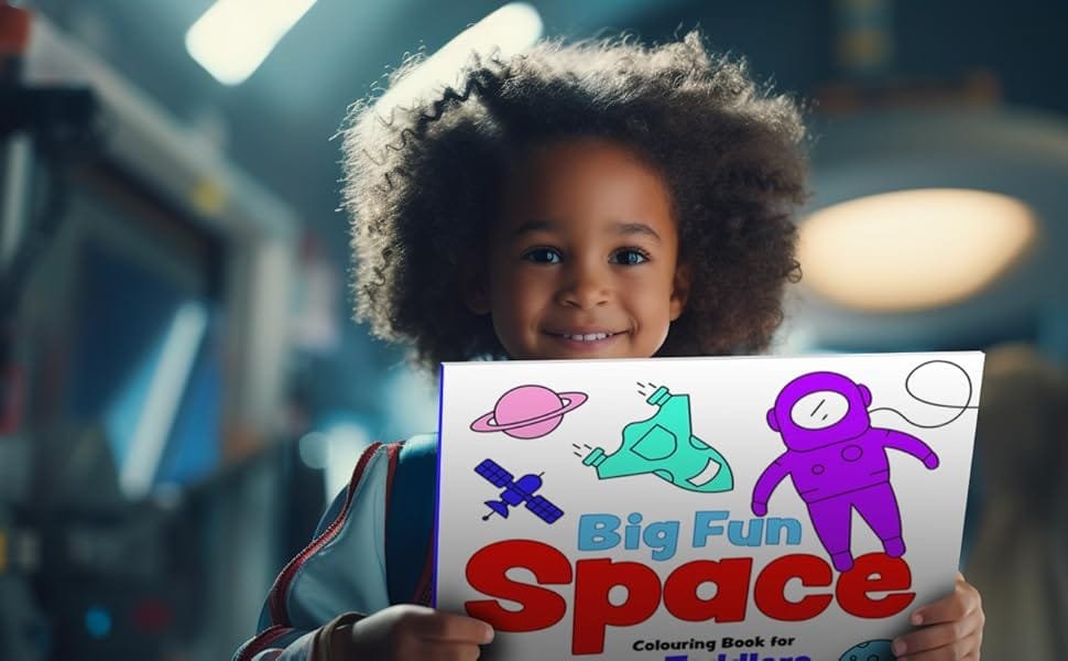 A child beams with joy, clutching the "Big Fun Space Colouring Book for Toddlers: Simple Colouring Pages Of Rockets," with its vivid cover showcasing rockets and astronauts.