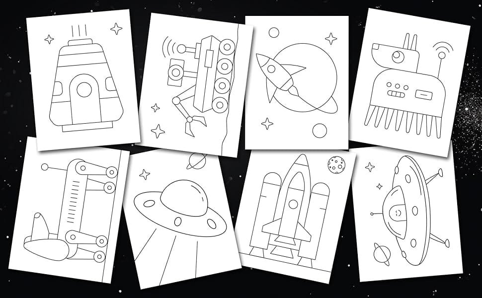 Discover the "Big Fun Space Colouring Book for Toddlers: Simple Colouring Pages Of Rockets" featuring beautifully illustrated drawings of a spaceship, rocket, robot, satellite, UFO, and lunar module on individual sheets set against a starry background. Ideal for little hands to enjoy coloring rockets and more!