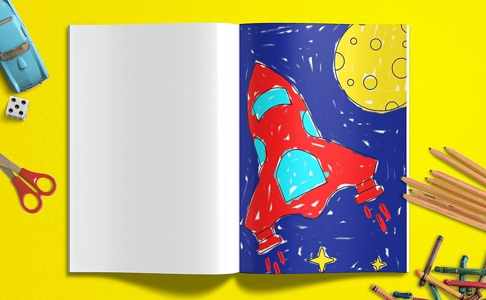 A children's drawing of a red rocket soaring through space with a yellow planet graces an open sketchbook from the *Big Fun Space Colouring Book for Toddlers: Simple Colouring Pages Of Rockets*. Crayons, toy car, scissors, dice, and sharpener are playfully scattered on a bright yellow background.