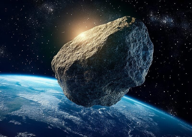 A large asteroid, akin to a mini moon, hovers in space above Earth, its rocky surface beautifully illuminated by the sun.
