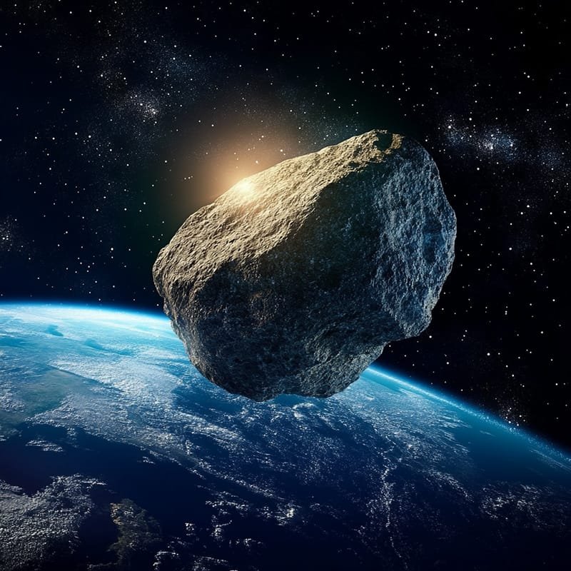 A large asteroid, akin to a mini moon, hovers in space above Earth, its rocky surface beautifully illuminated by the sun.