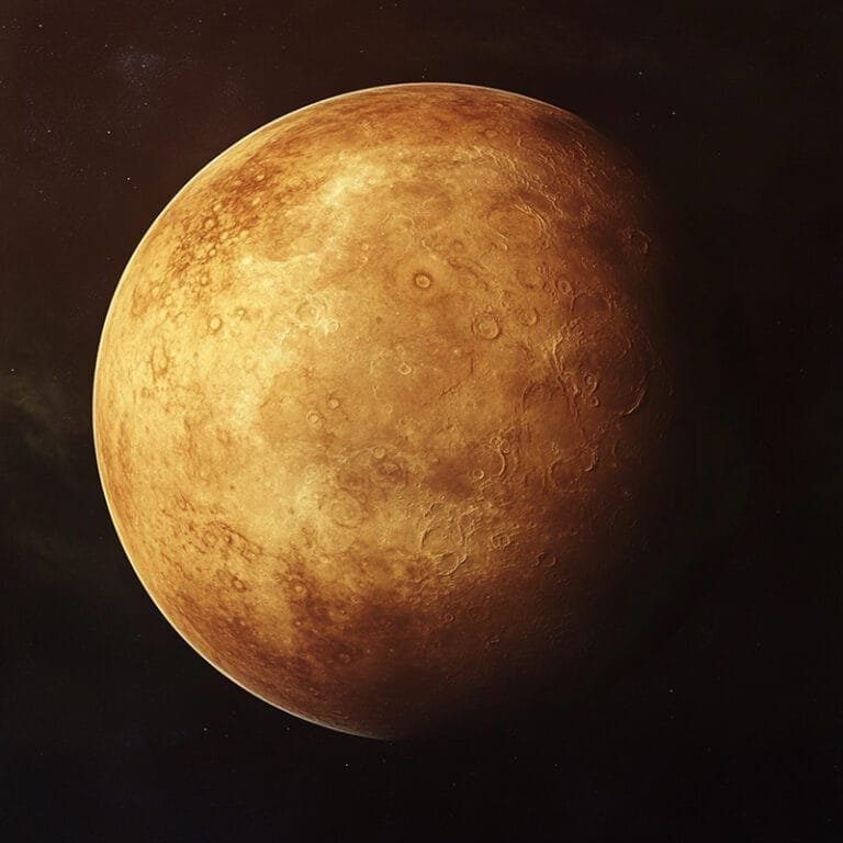 A textured, reddish-brown planet resembling Venus with visible craters and surface details, set against a dark background.