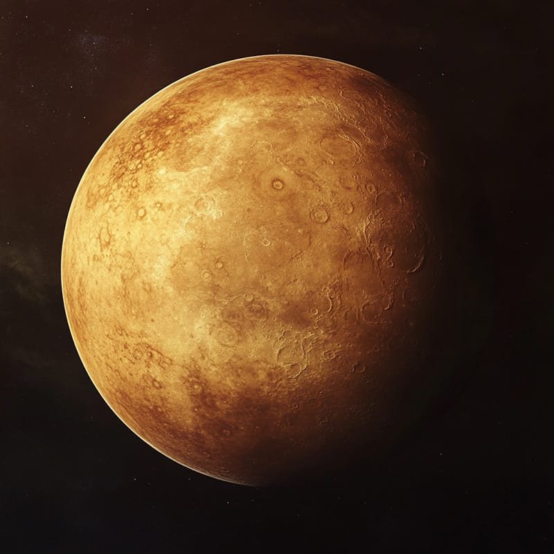Exploring the Safest Planet | Venus Atmosphere as a Haven for Human Life 5 A textured, reddish-brown planet resembling Venus with visible craters and surface details, set against a dark background.
