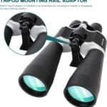Binoculars with a focus on the tripod mounting rail adapter, highlighting its built-in feature for stability when used with tripods or monopods.