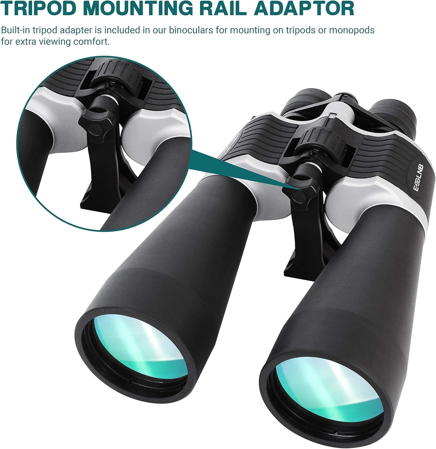 Binoculars with a focus on the tripod mounting rail adapter, highlighting its built-in feature for stability when used with tripods or monopods.