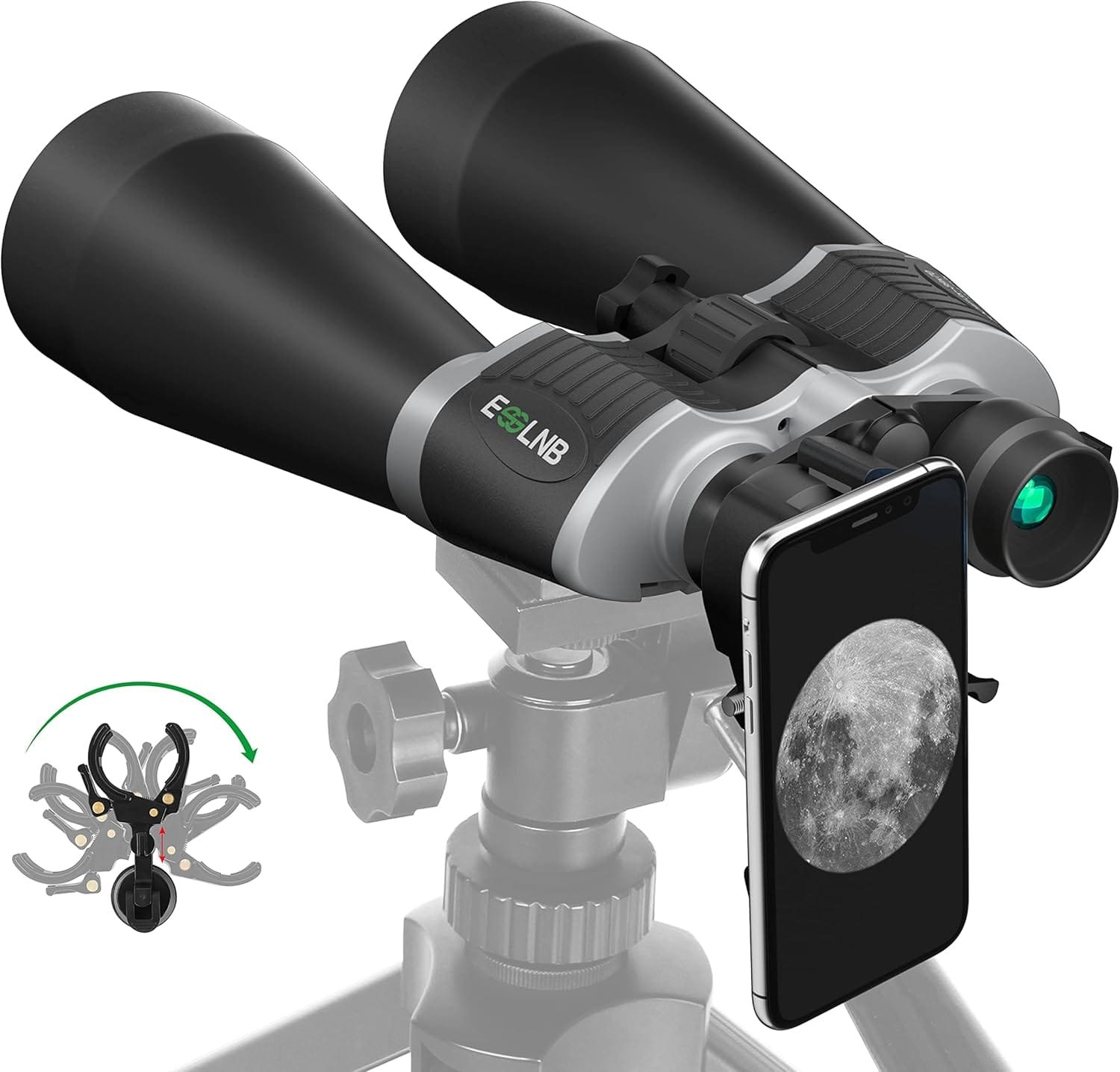 A pair of binoculars mounted on a tripod, with a smartphone attached displaying an image of the moon.