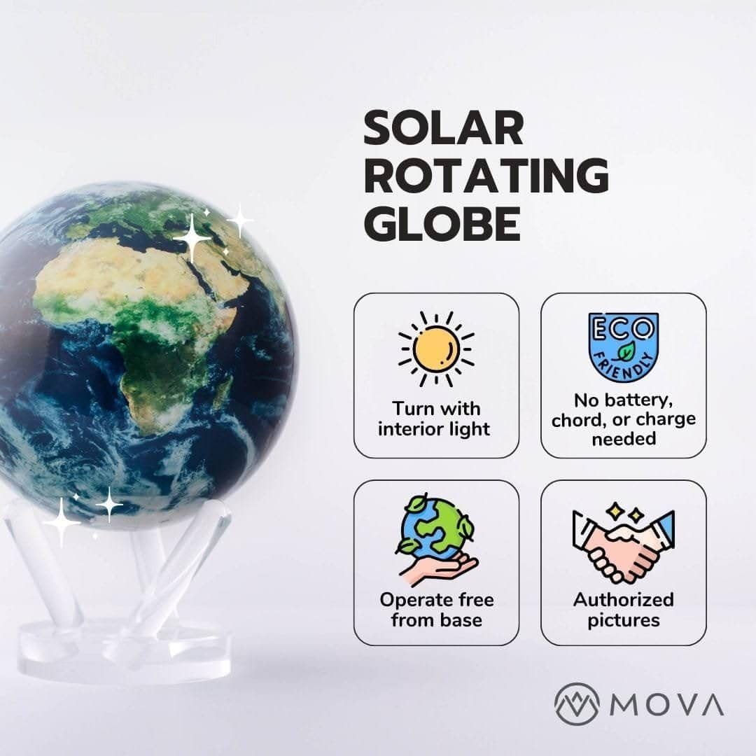 The Globe Metallic 4.5" is a solar-powered rotating globe on a stand that includes an interior light and an eco-friendly design, requiring no batteries. It functions without a base and features authorized images for added elegance.