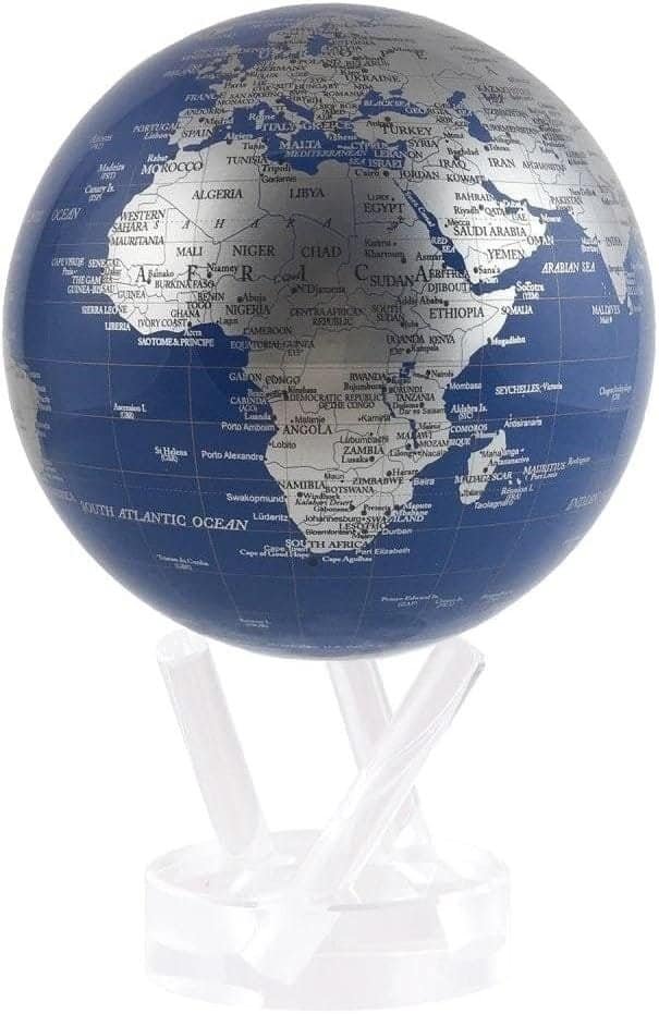 The Globe Metallic 4.5" features a metallic blue and silver design, elegantly showcasing a world map, mounted on a transparent stand.