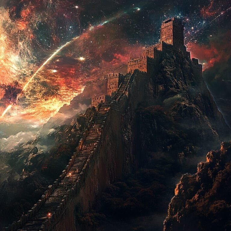A towering castle perches atop a steep, rocky hill under a fiery, cosmic sky where swirling colors mirror the grandeur of the Hercules–Corona Borealis celestial body in the distance.