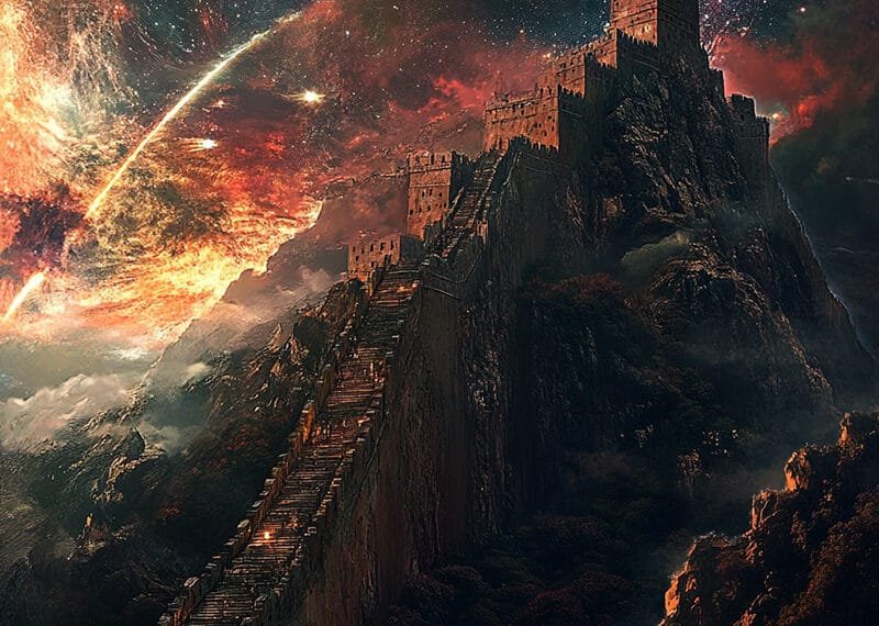 A towering castle perches atop a steep, rocky hill under a fiery, cosmic sky where swirling colors mirror the grandeur of the Hercules–Corona Borealis celestial body in the distance.