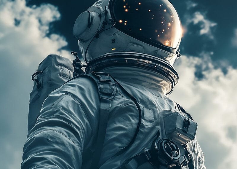 An astronaut in a reflective helmet and suit stands against a cloudy sky backdrop, embodying the awe of space exploration.
