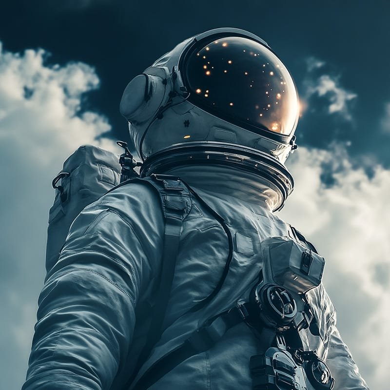 An astronaut in a reflective helmet and suit stands against a cloudy sky backdrop, embodying the awe of space exploration.