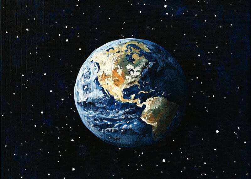 A painting of Earth suspended in the vast darkness of space, surrounded by a constellation of small stars. The continents and oceans are vividly detailed.