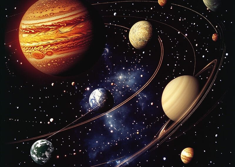 Illustration of planets in space with glowing stars and cosmic background. Jupiter and Saturn are prominent, gracefully orbiting amidst smaller celestial bodies and swirling rings.