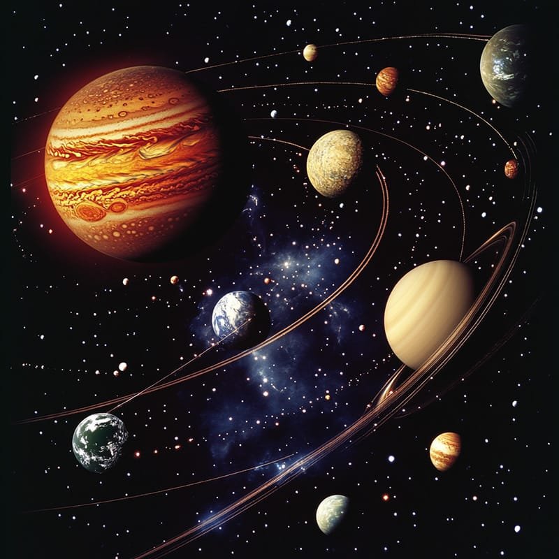 Illustration of planets in space with glowing stars and cosmic background. Jupiter and Saturn are prominent, gracefully orbiting amidst smaller celestial bodies and swirling rings.