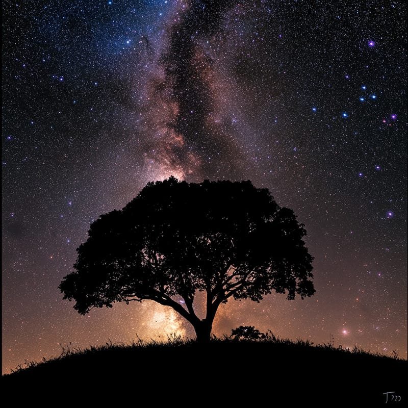 A silhouetted tree stands on a hill beneath a vast canopy of stars, with the Milky Way galaxy painting the night sky in the background.