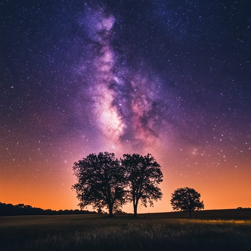 Three trees stand in a field under a vibrant, starry night sky, with the Milky Way visible amid countless stars. An orange hue along the horizon suggests sunset or sunrise.