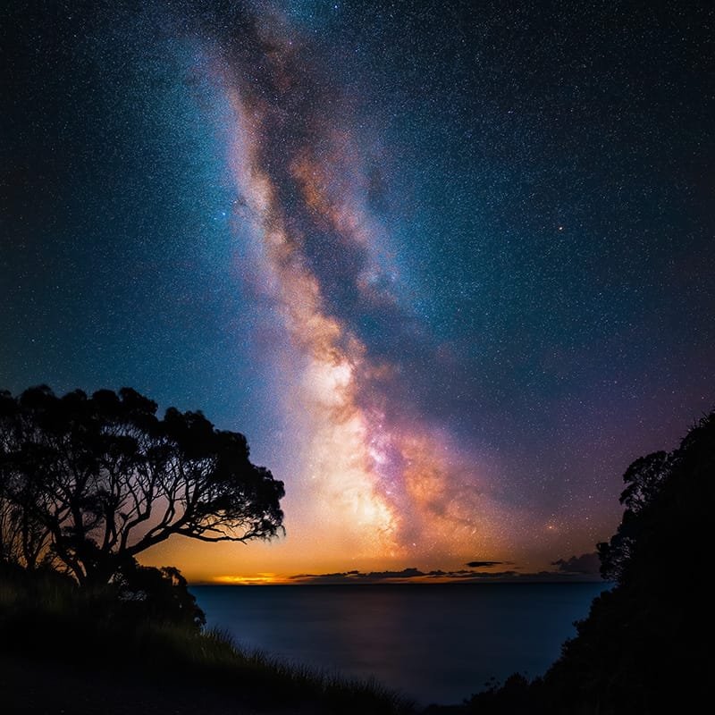 The Milky Way stretches across a starry night sky, its blanket woven with countless stars. Silhouetted trees stand in the foreground, framing the glowing horizon over a tranquil body of water.